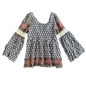 ENTRO Boho Paisley Print Tunic Top Blouse Womens Medium Bell Sleeve Lace Trim